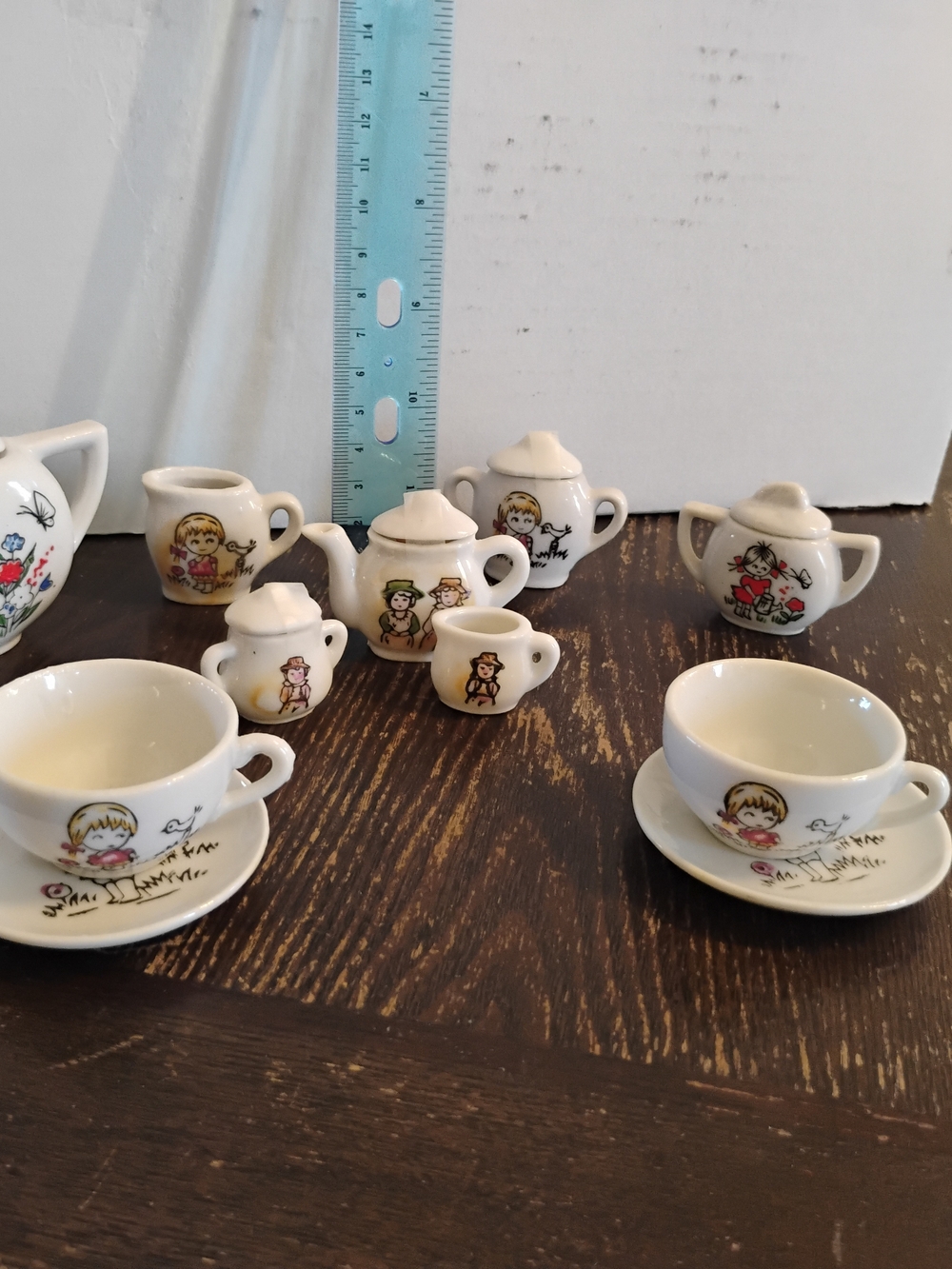 Tiny Porcelain Tea Set with Illustrated Children Motif